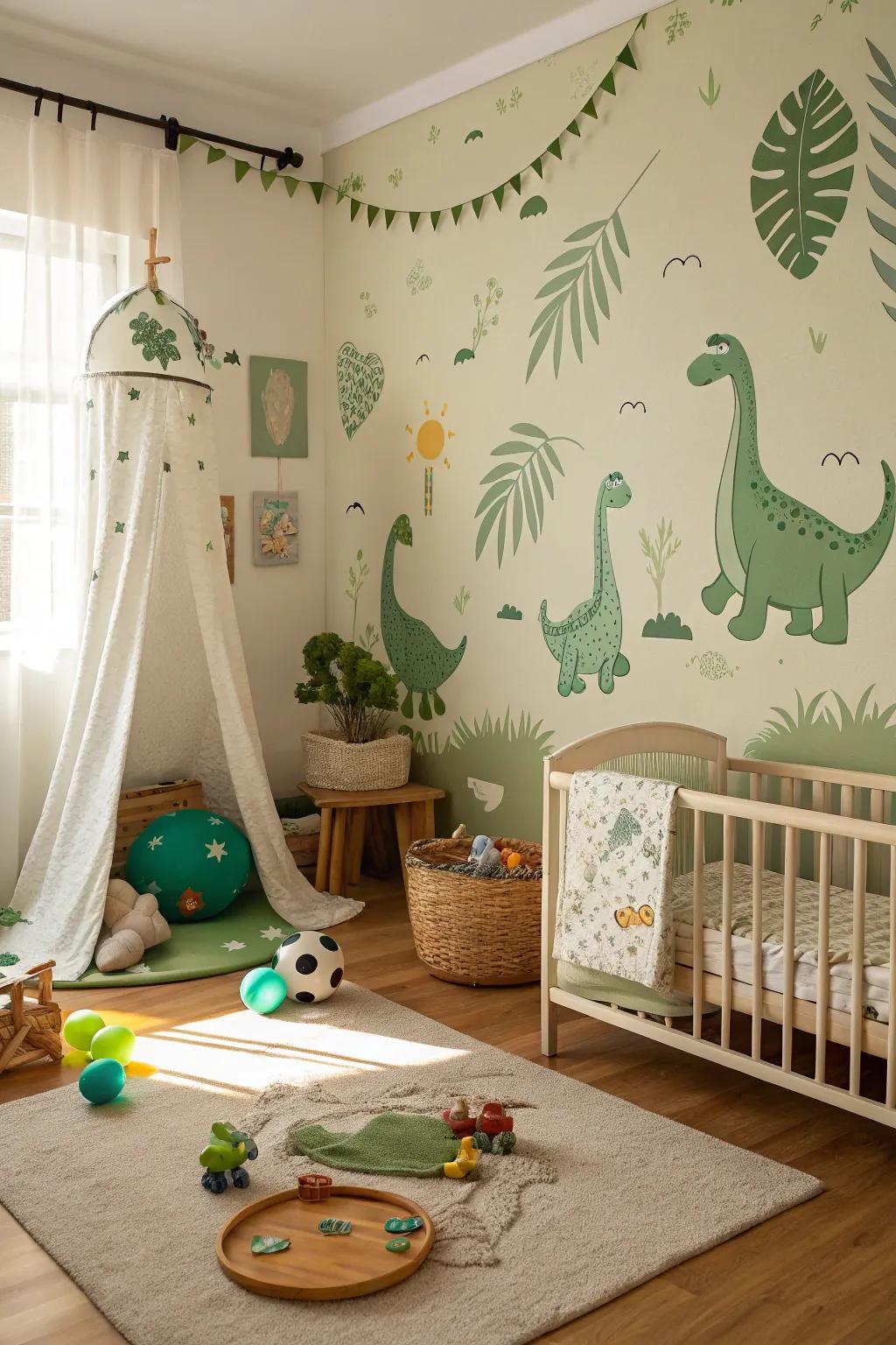 A whimsical green dinosaur-themed nursery that inspires imagination.