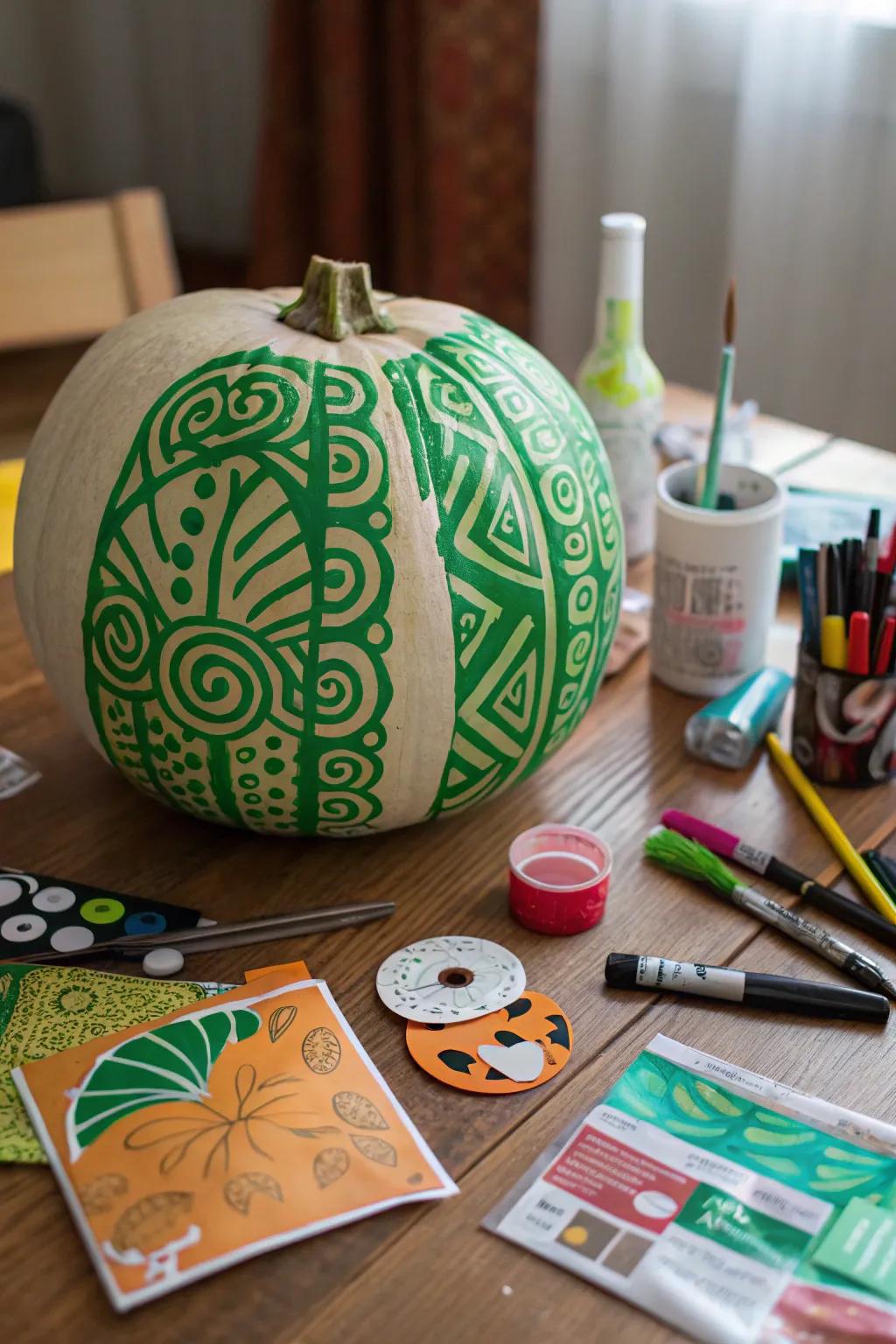 Abstract green patterns on a pumpkin, perfect for the creative space.