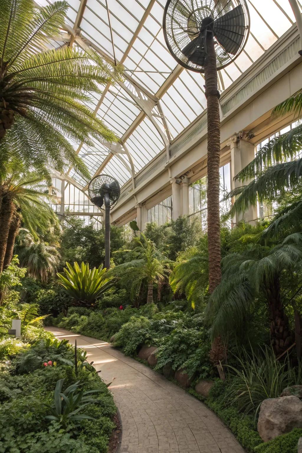 Circulation fans inside a greenhouse, promoting even air distribution among plants.