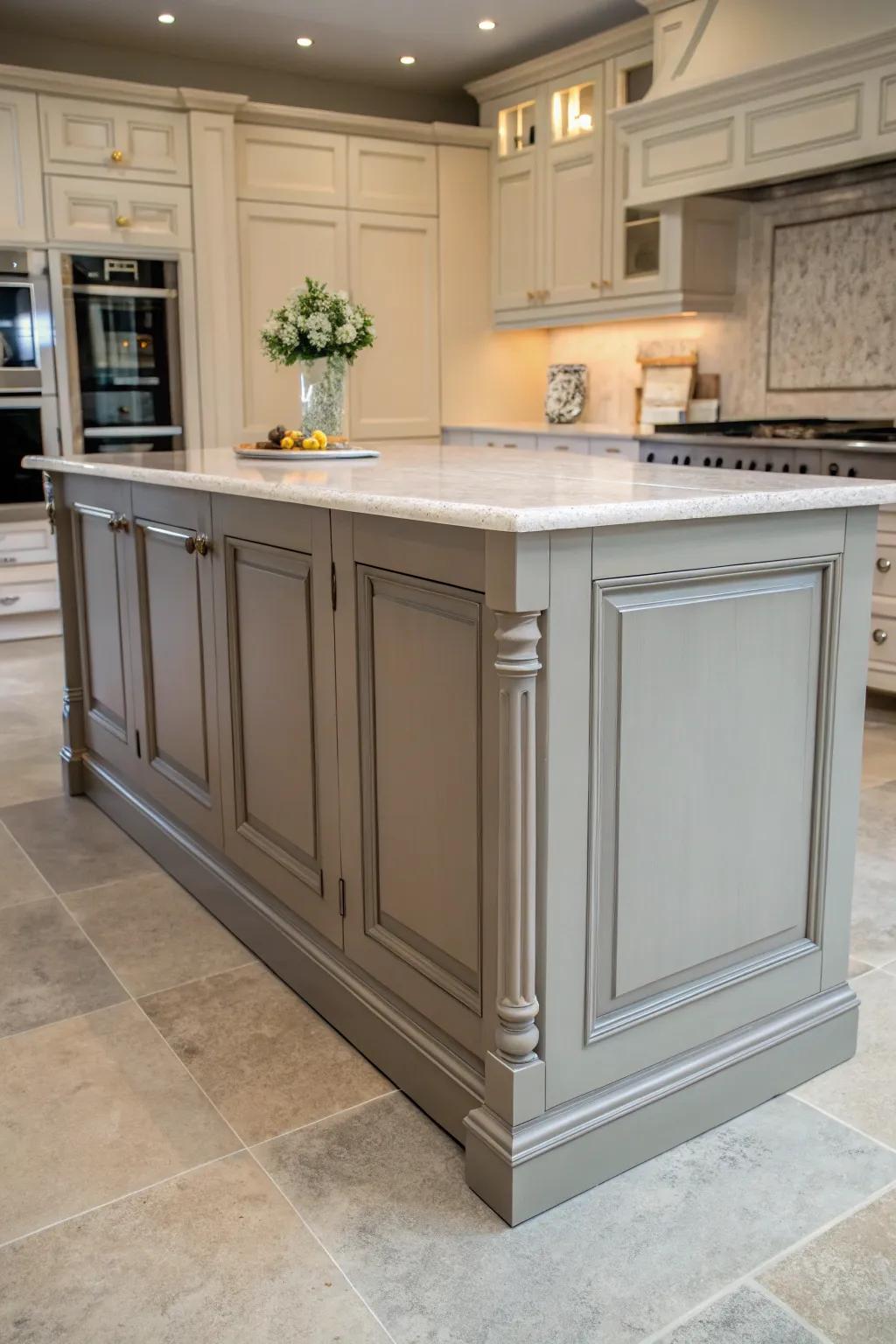 A dual-tone island seamlessly blends grey and beige in the kitchen.