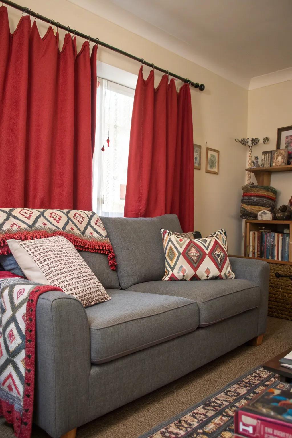 Mixed patterns in pillows and curtains bring personality to this space.