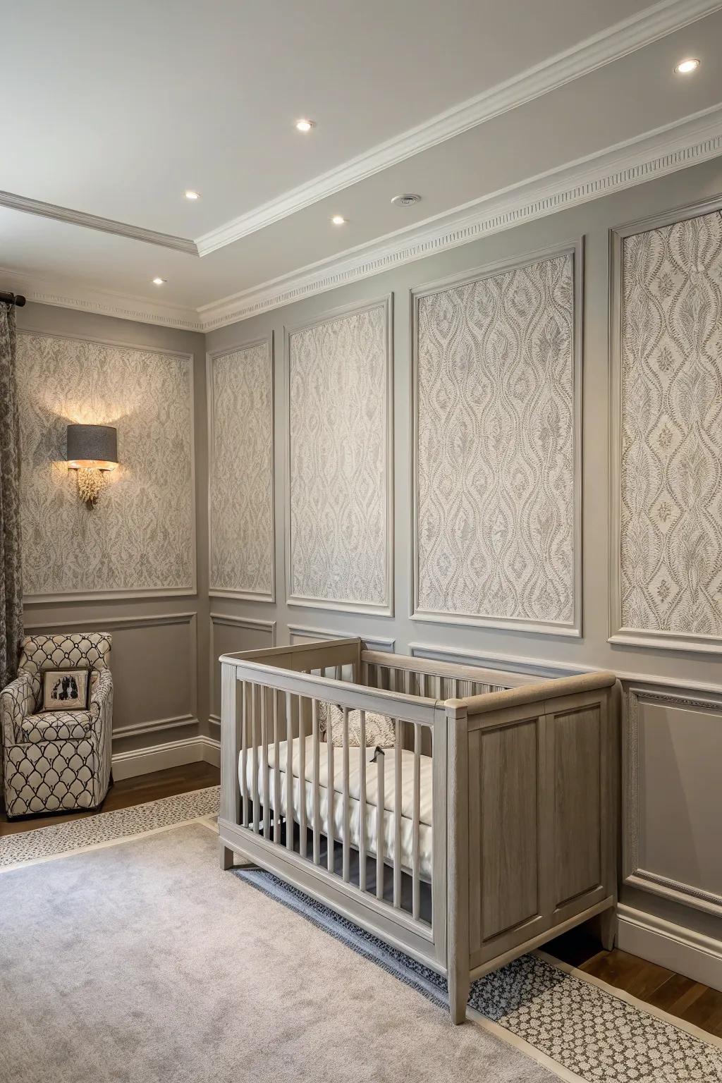 Textured walls add depth to a grey nursery.