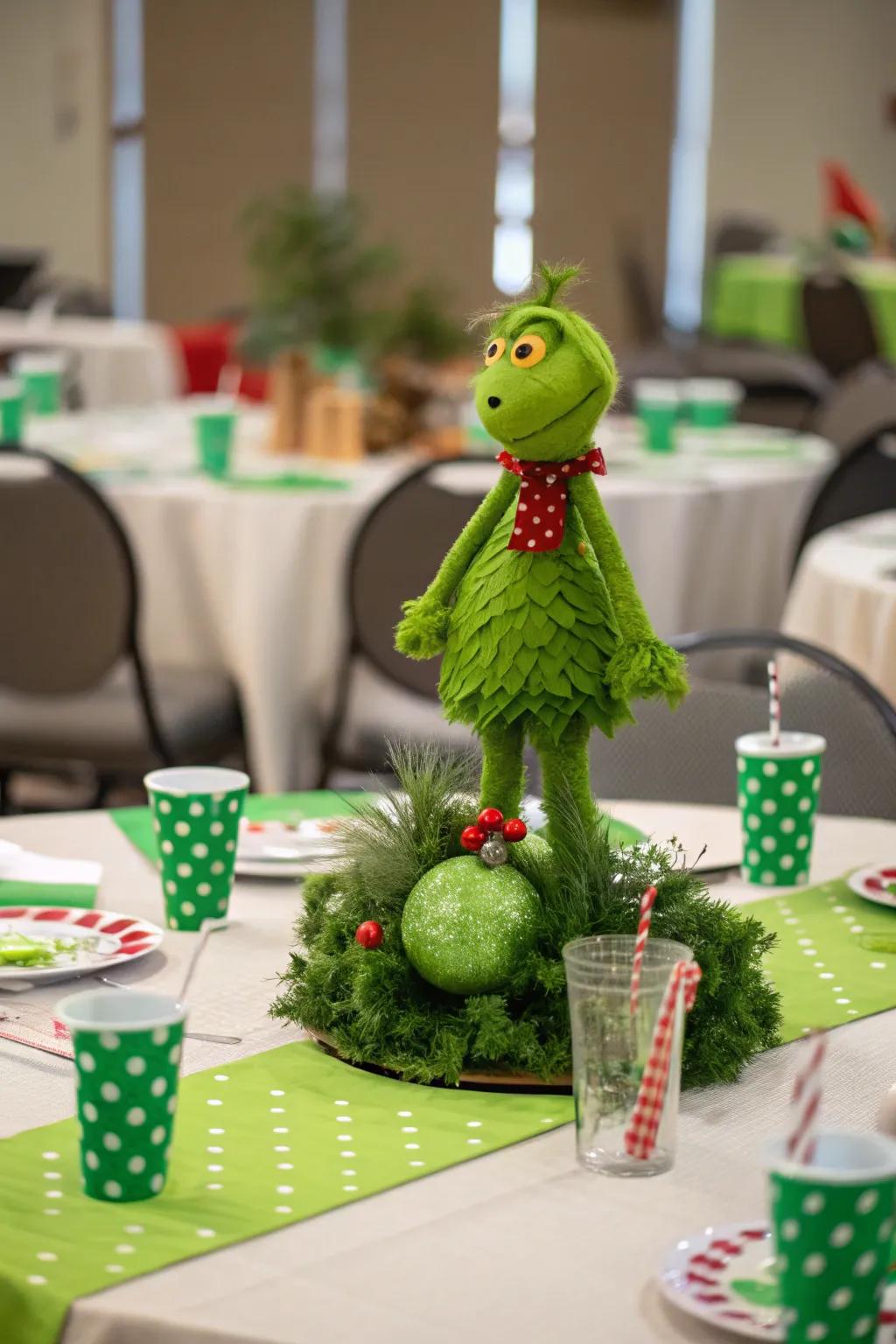 A Grinch-themed centerpiece serving as the focal point of the table.