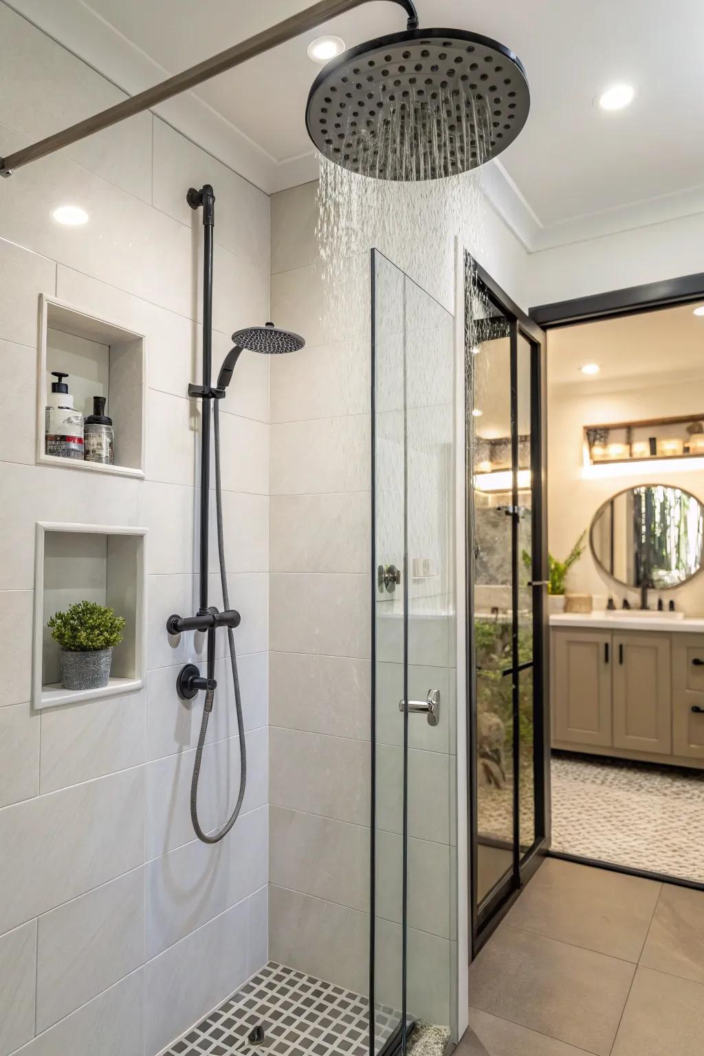 A rain showerhead adds a touch of luxury to the guest bathroom.