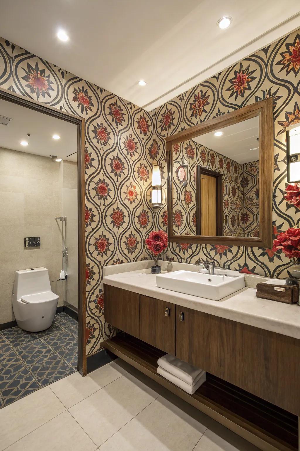 Use bold patterns to create a stylish and unique guest restroom.