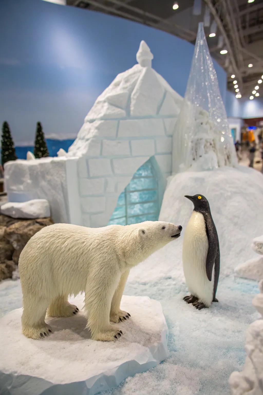 A wintry arctic habitat diorama showcasing snow and polar wildlife.