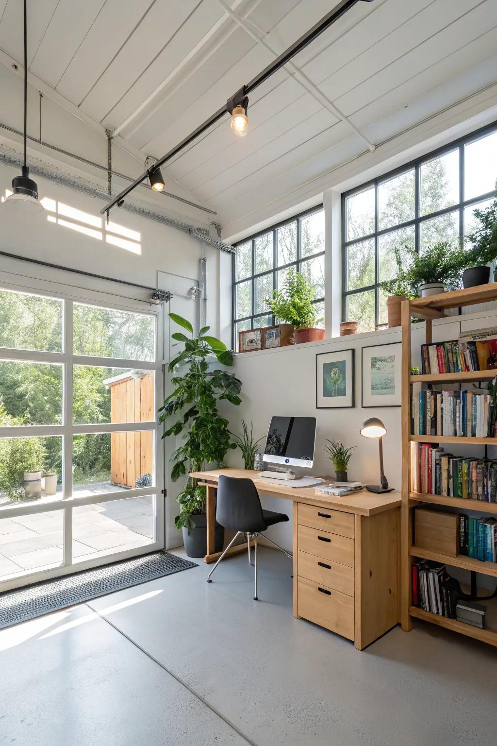 Good lighting can elevate your garage office atmosphere.