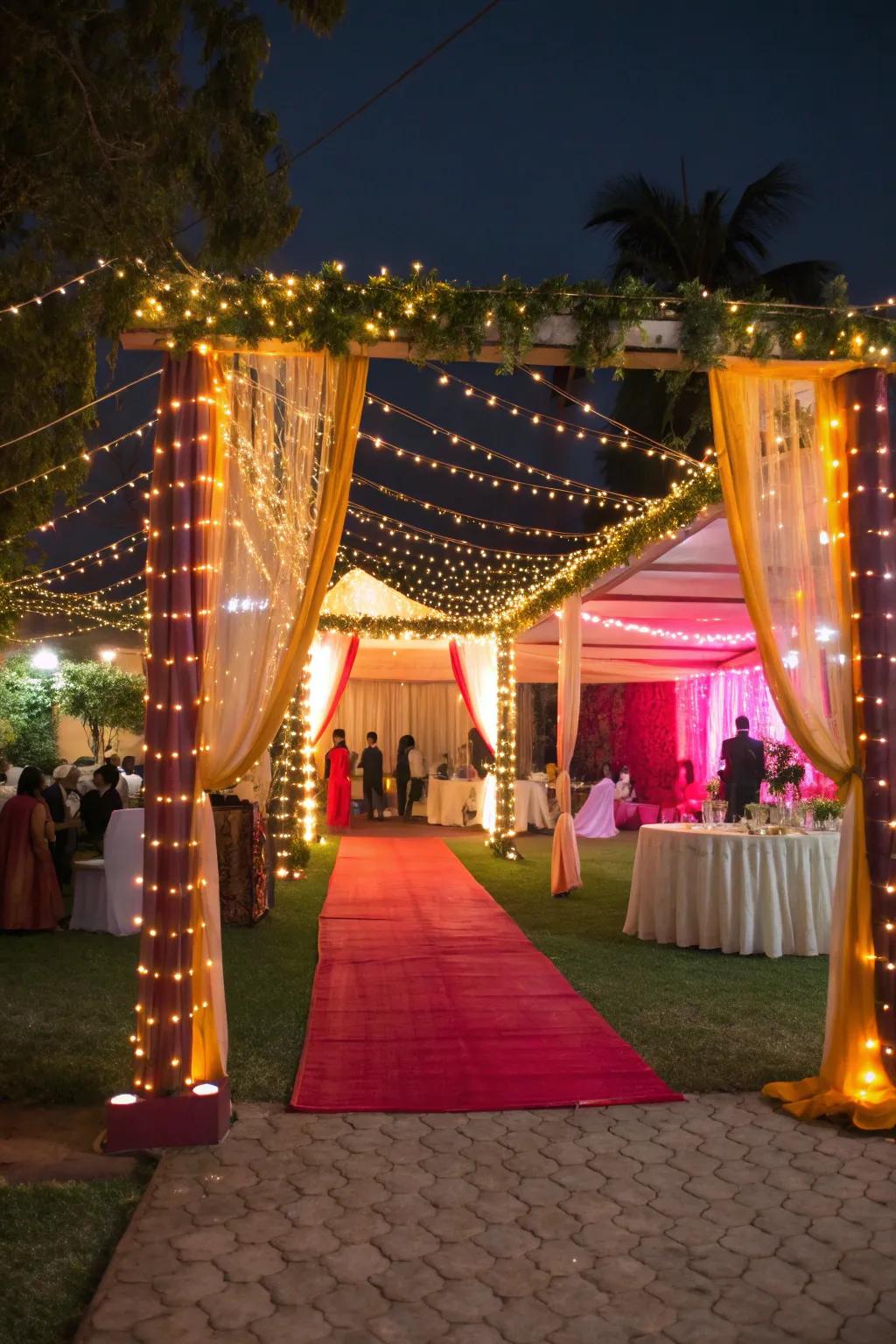 Twinkling fairy lights adding magic to the half saree function atmosphere.