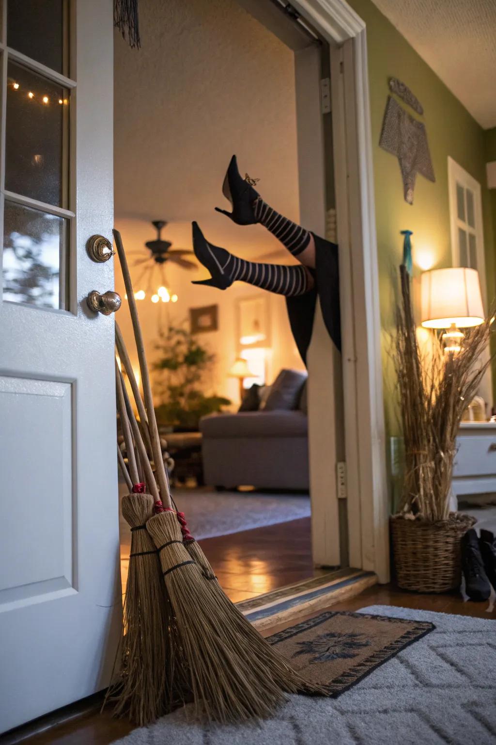 A witch's crash landing adds humor to your Halloween decor.