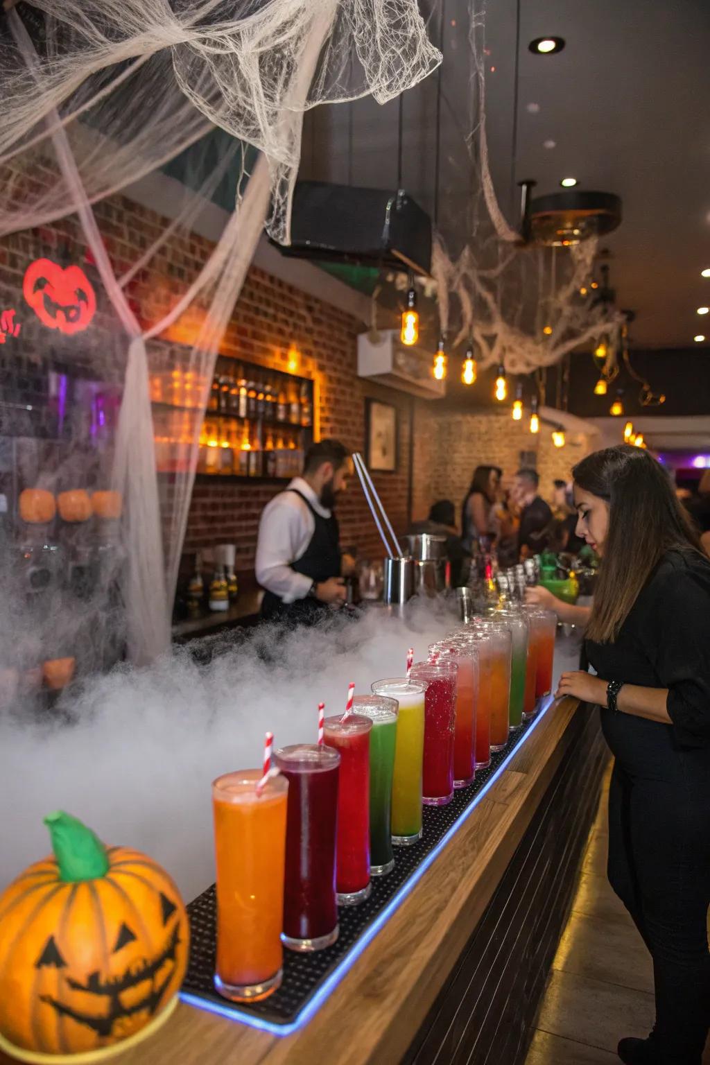 A spooky Halloween mocktail bar with creative drinks.