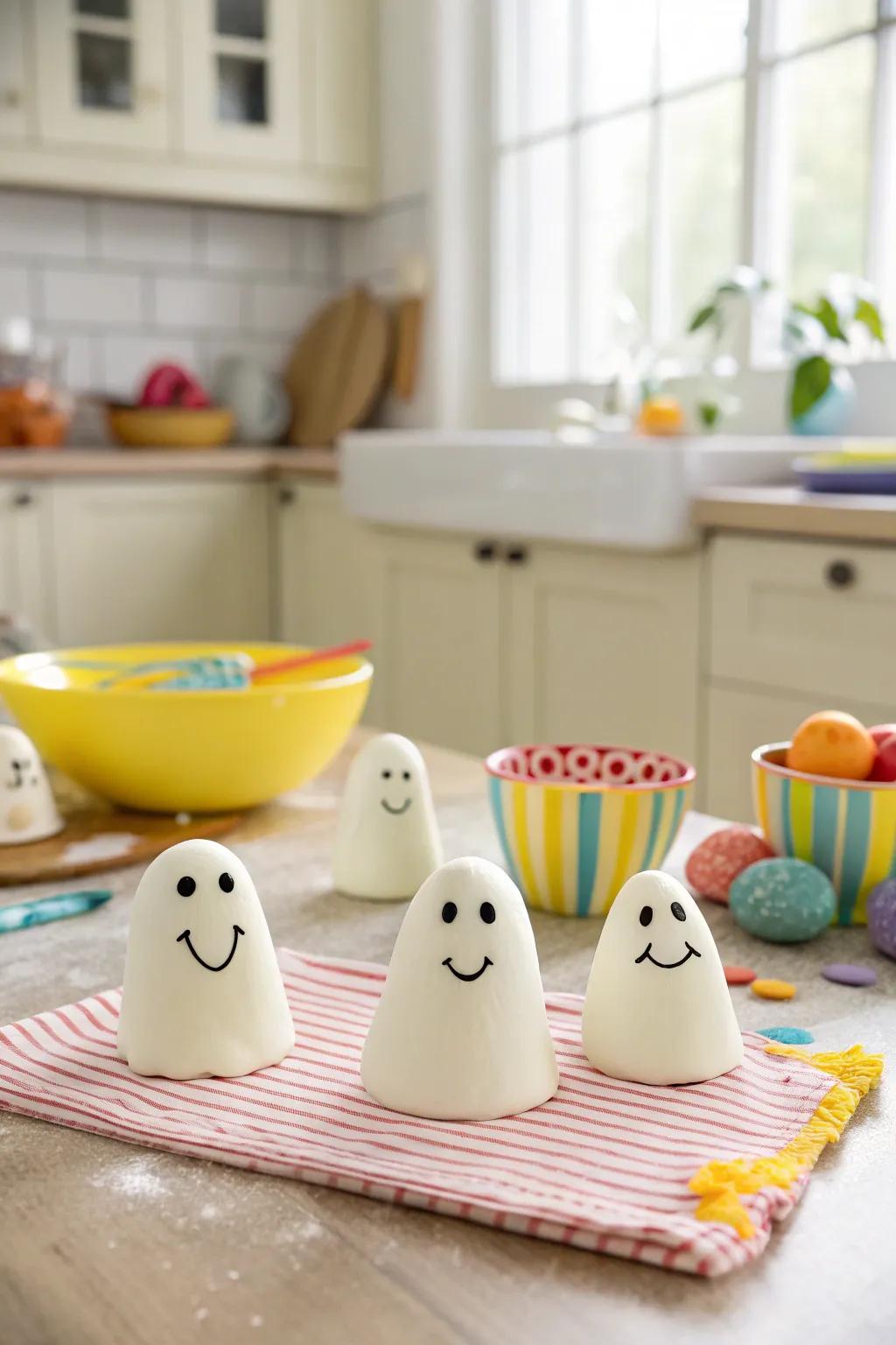 Friendly playdough ghosts to make Halloween fun and not too spooky.