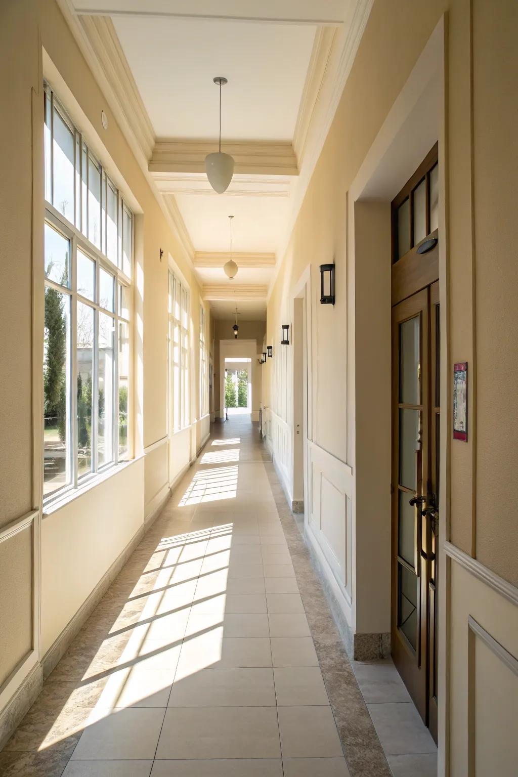 Light paint colors create a bright and airy ambiance in the hallway.