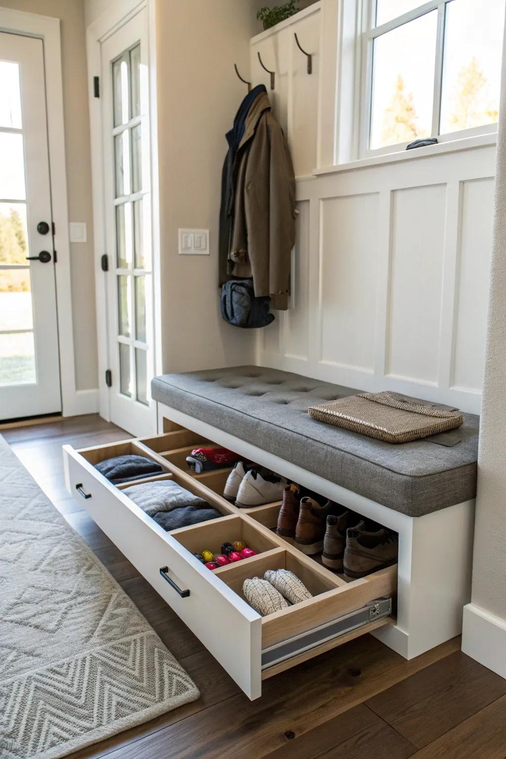 Discreet pull-out trays keep shoes neatly hidden.