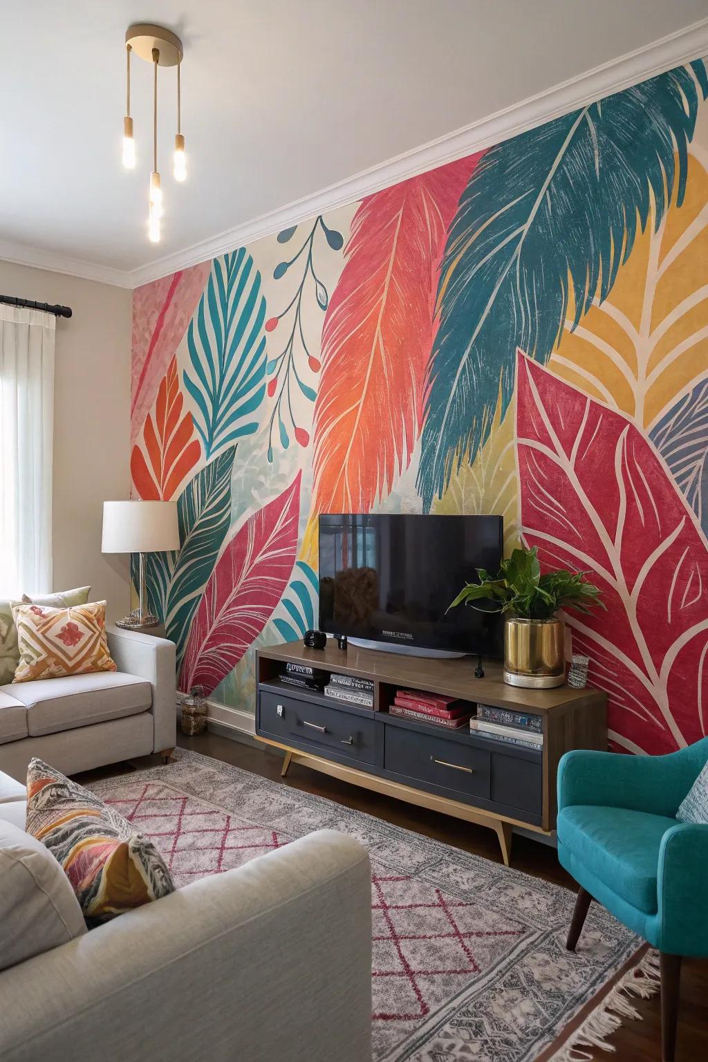 An abstract accent wall adds a burst of creativity to the living room.