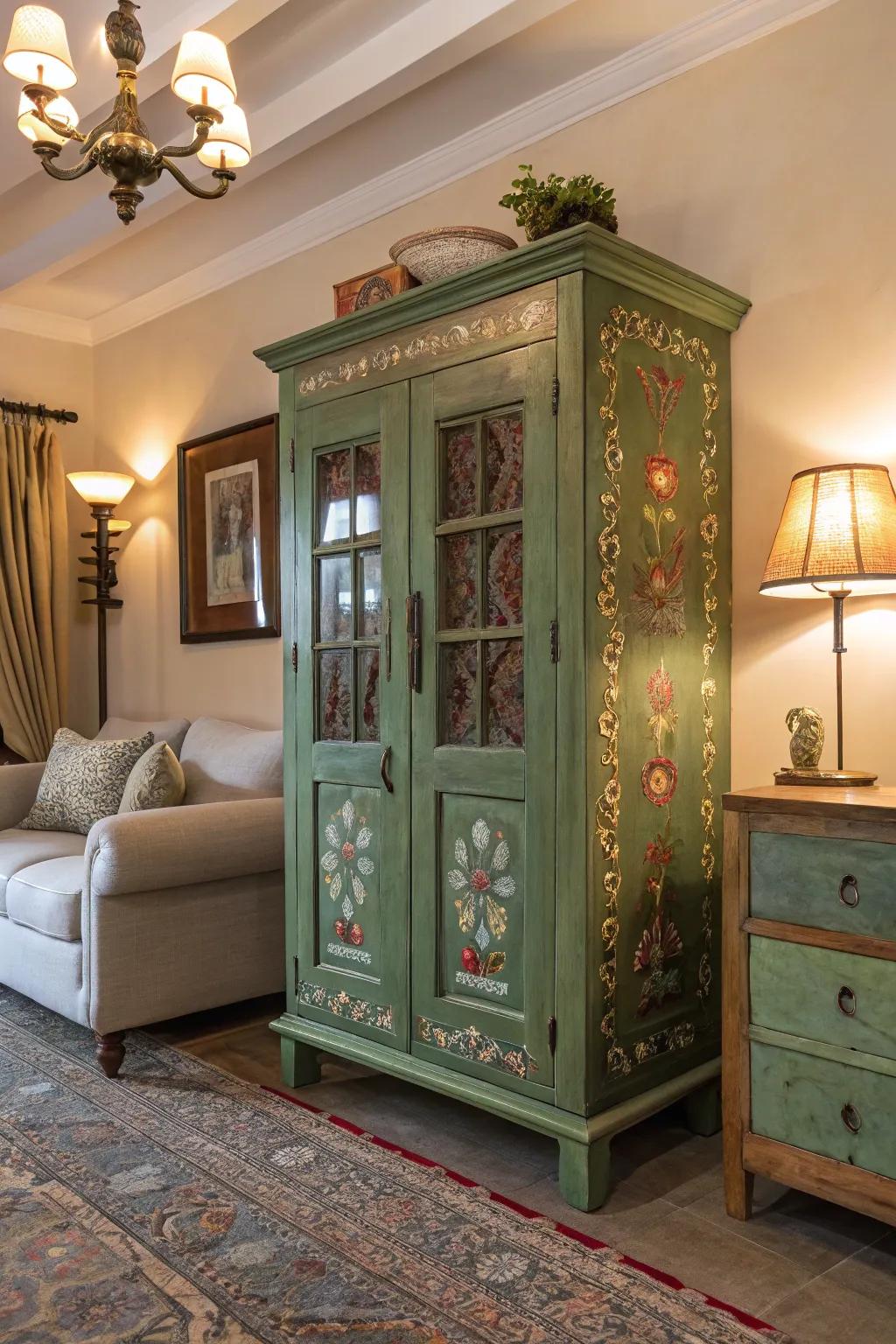 A garage sale cabinet reinvigorated with vibrant green paint.