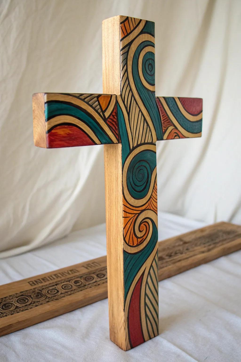Embrace the beauty of abstract art with this vibrant hand-painted wooden cross, where creativity meets simplicity.
