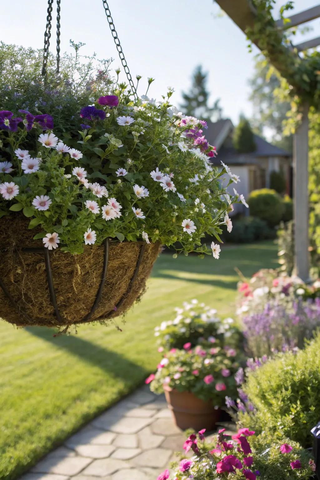 Soft textures create a soothing hanging basket.