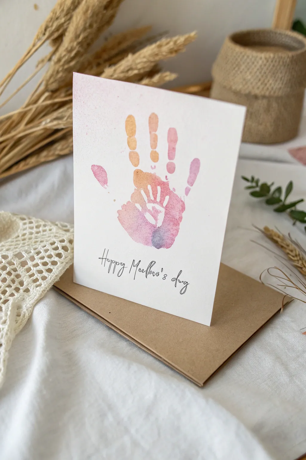 Handprint keepsake card craft for kids with a single painted handprint on a greeting card
