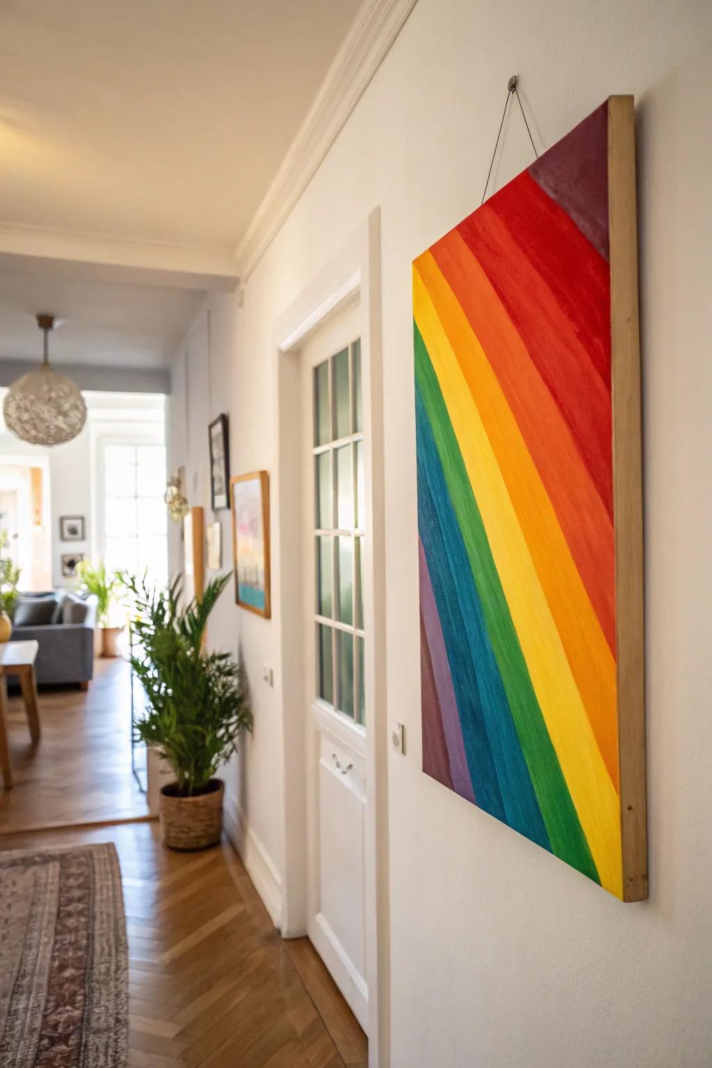 Rainbow stripes painting that brings an instant mood lift to the room.