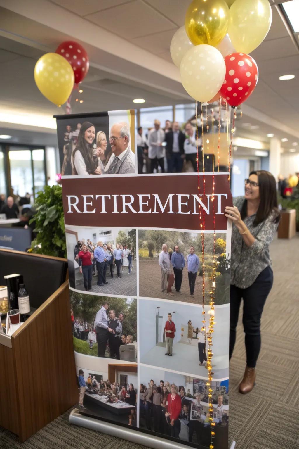 A collage-style retirement banner celebrating team spirit and friendships.