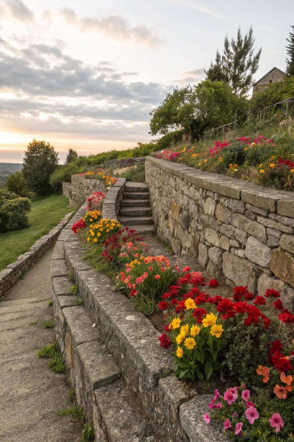 Stone walls add rustic charm and structure to flower beds.