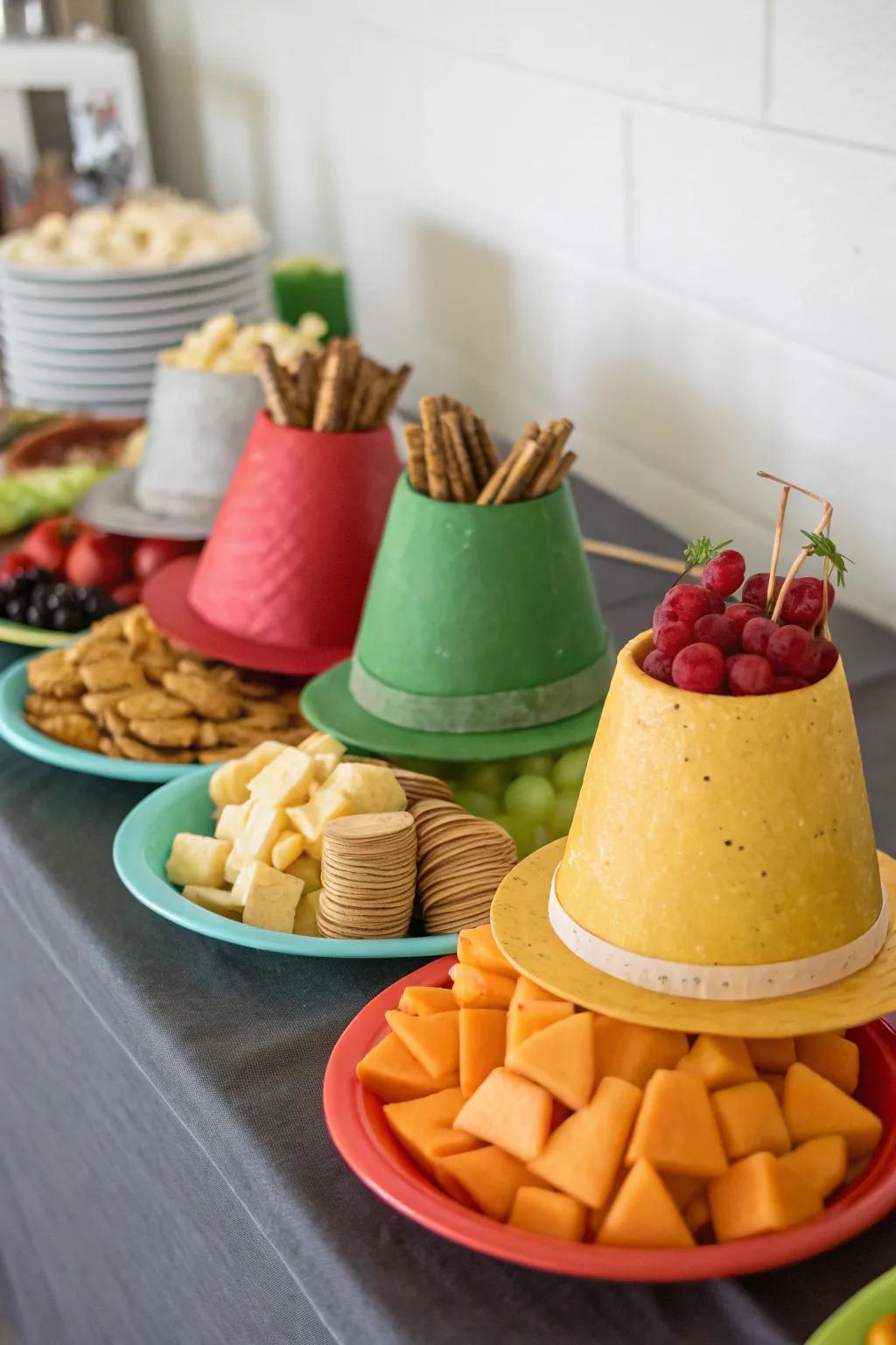 Serve your party snacks in style with hat-themed presentation.