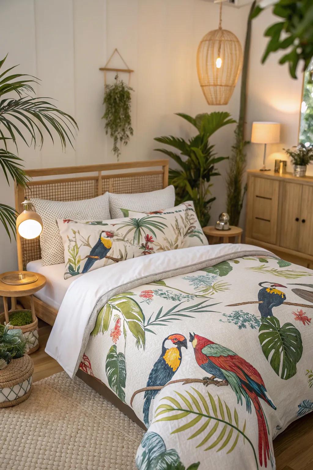 Tropical bird patterns bring a playful and exotic vibe to your space.