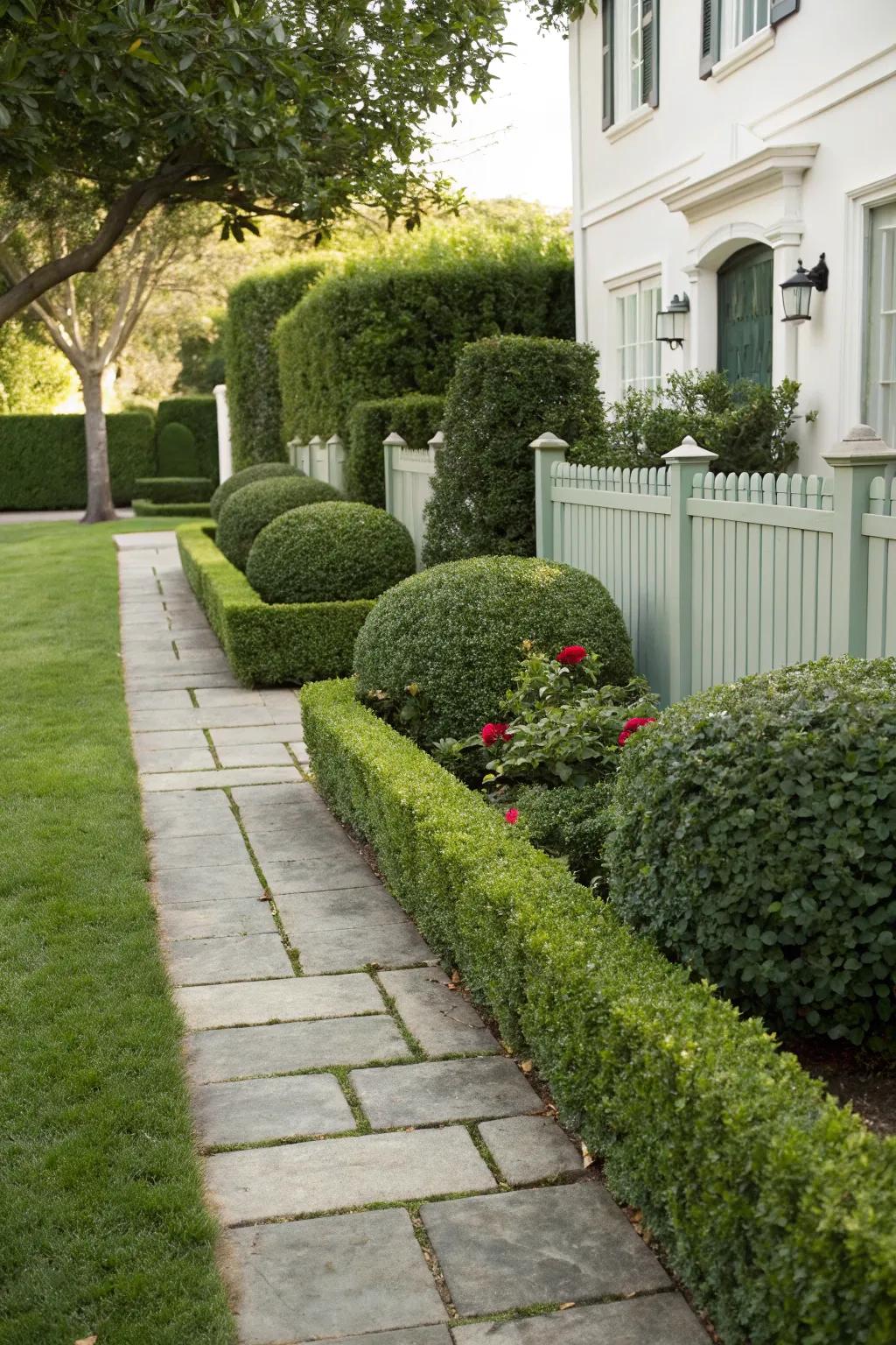 Neatly trimmed privet hedges creating a formal front yard look.