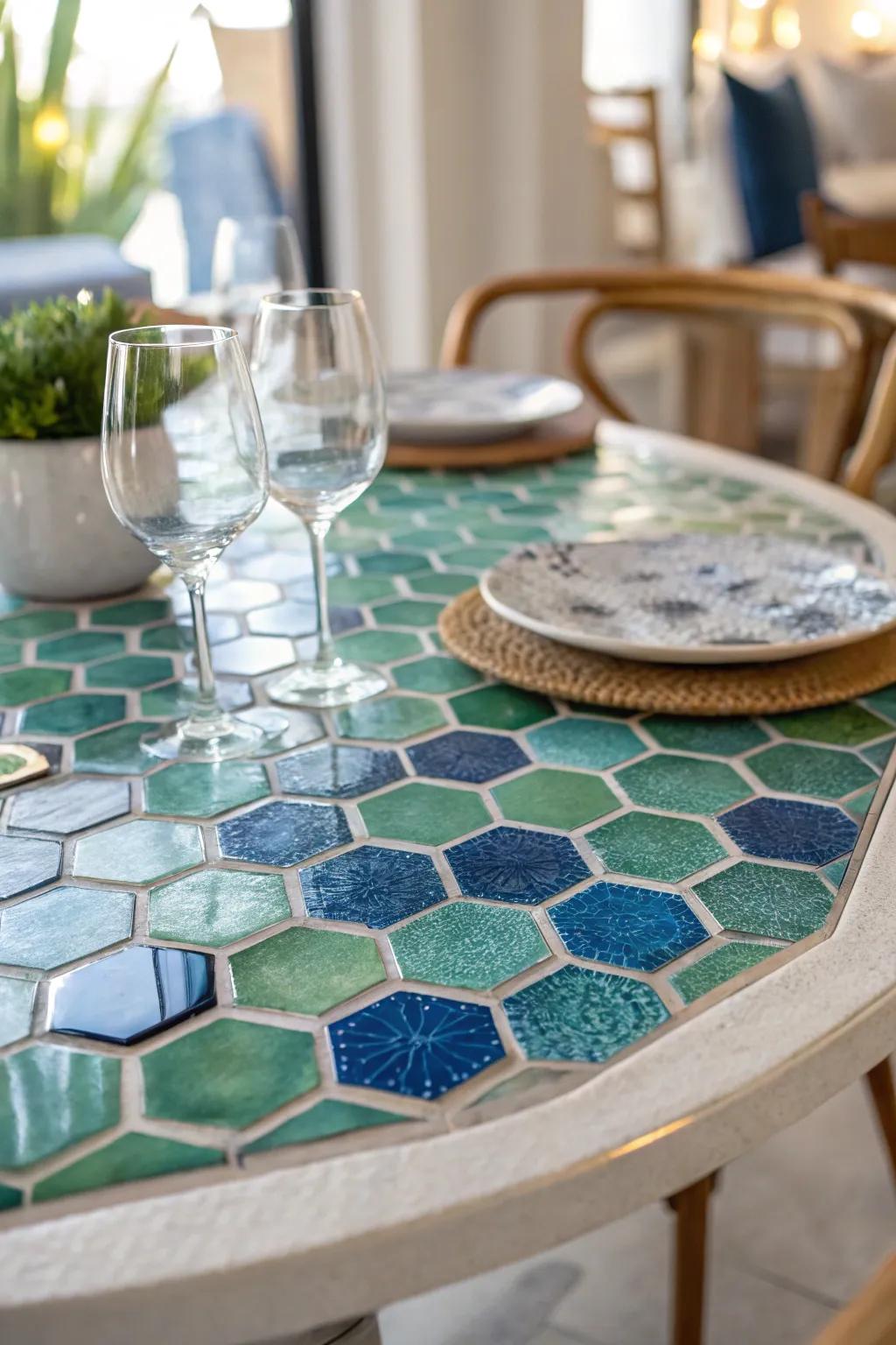 A hexagon mosaic tabletop brings artistry to dining spaces.