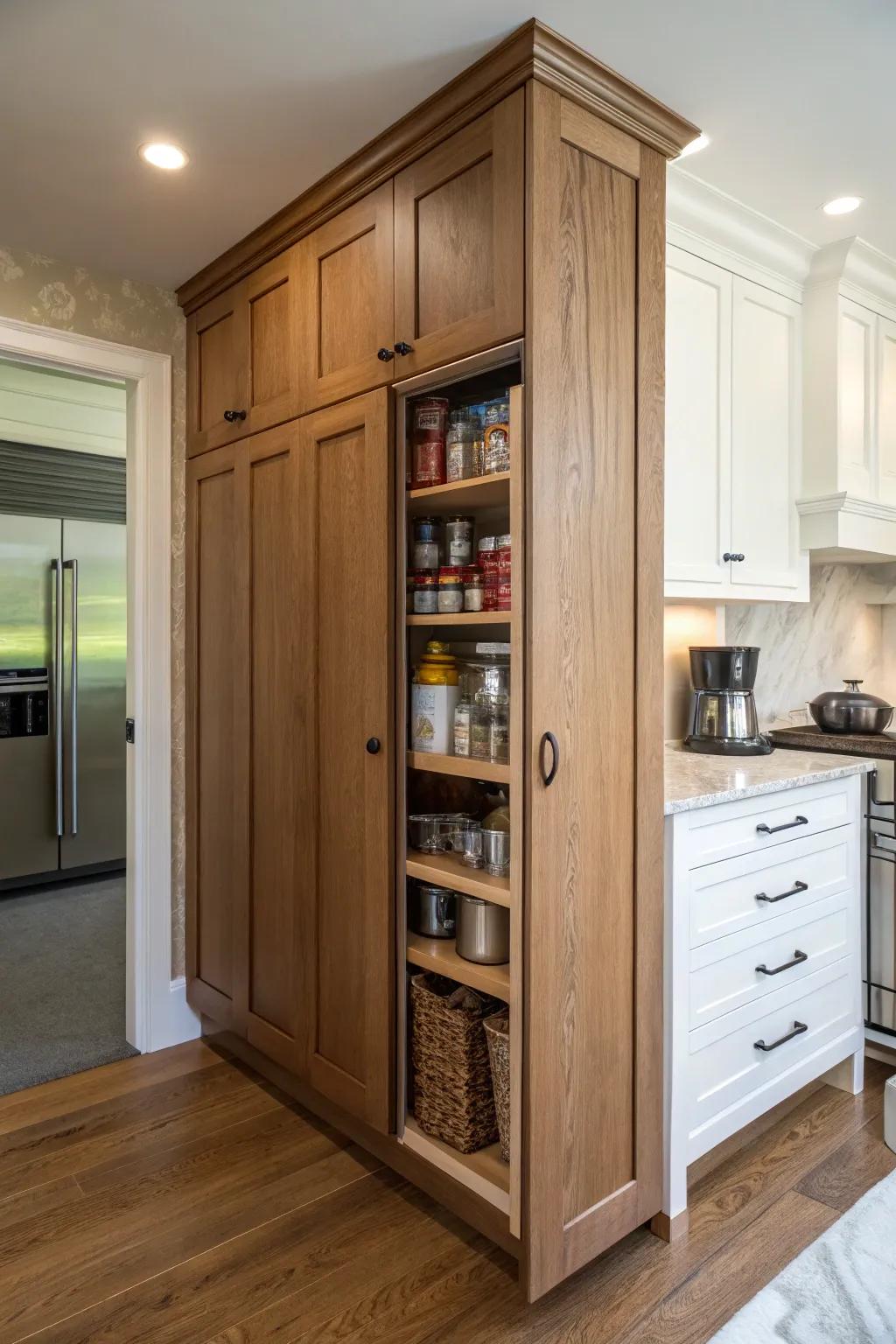 A hidden pantry door within kitchen cabinets