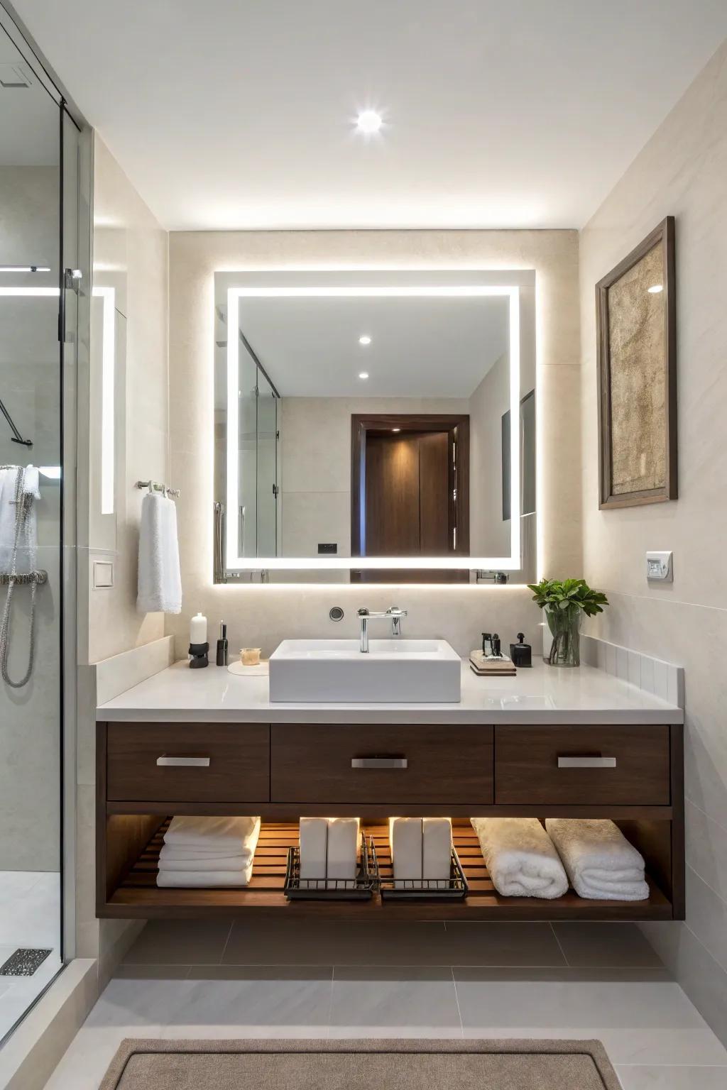 A modern bathroom with a backlit mirror.