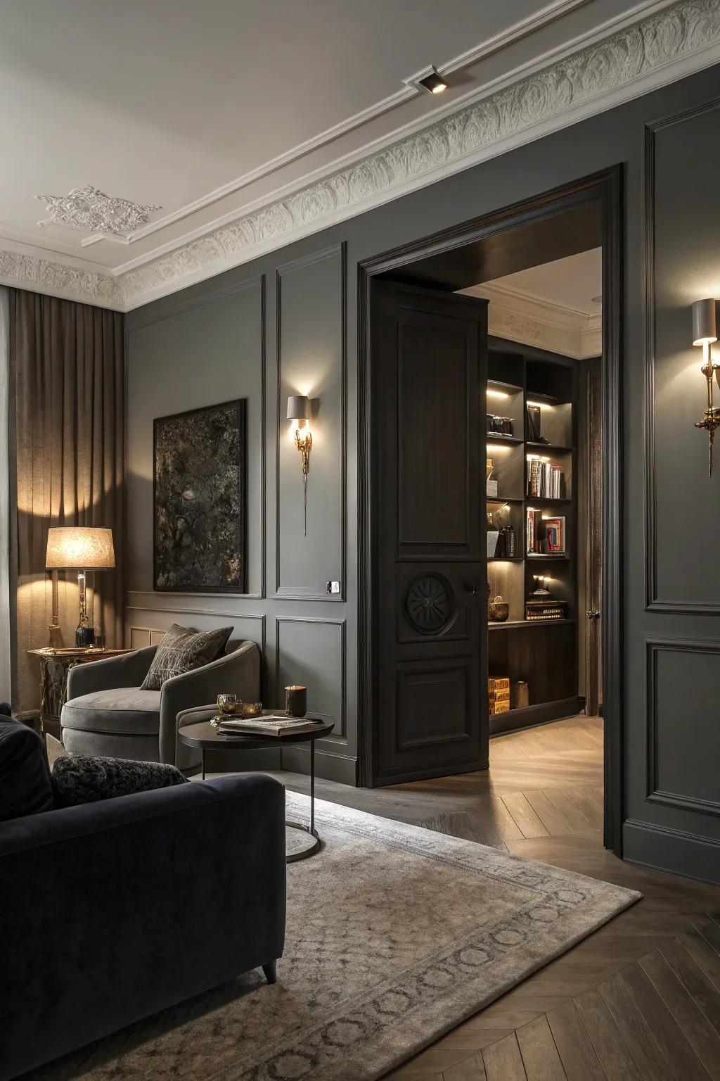 A dark-painted hidden pocket door adds drama to a living room.