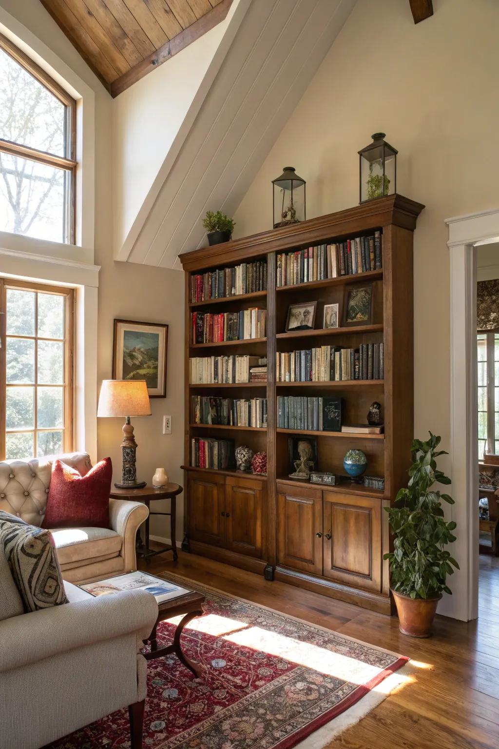 Vertical shelving adds both storage and style to high-ceilinged living rooms.