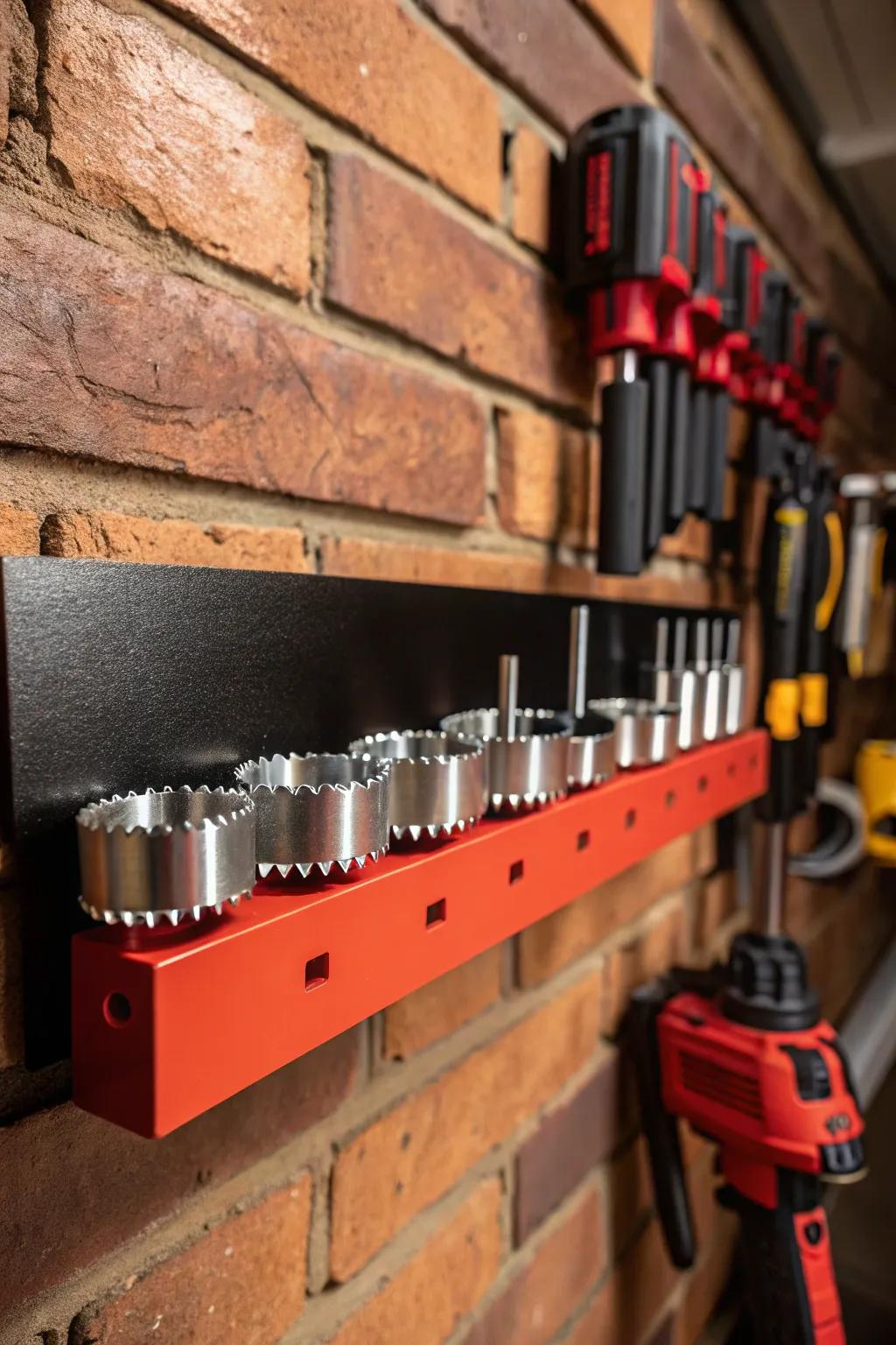 Elevate your workshop with this sleek magnetic strip solution for storing your hole saws.