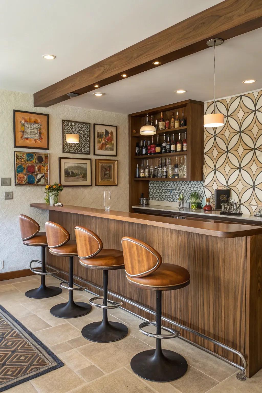 Midcentury vibes bring a touch of retro sophistication to your home bar.