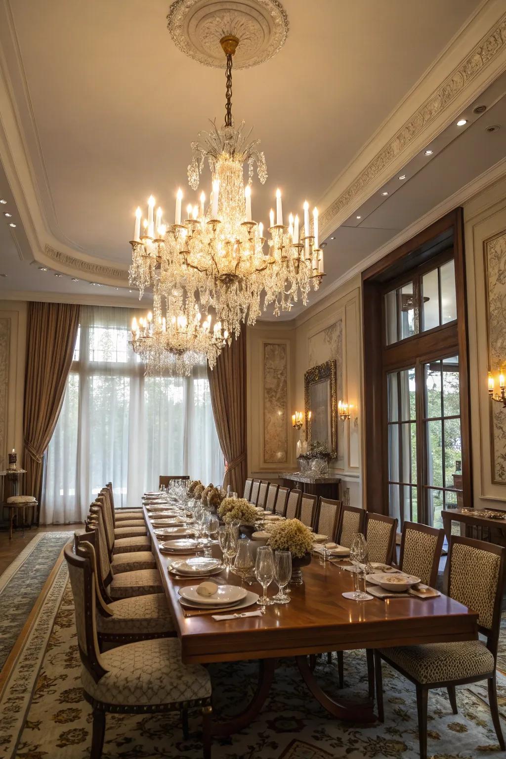 A dining room enhanced by the elegance of a chandelier.