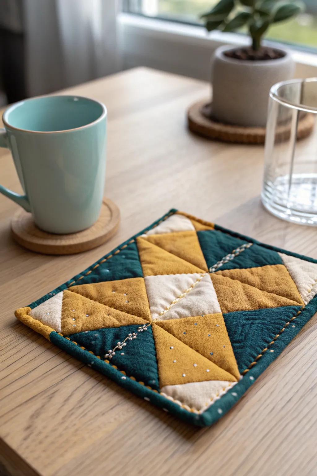 Add a touch of charm to your table with these quaint quilted coasters, perfect for using up fabric scraps and protecting your furniture in style.