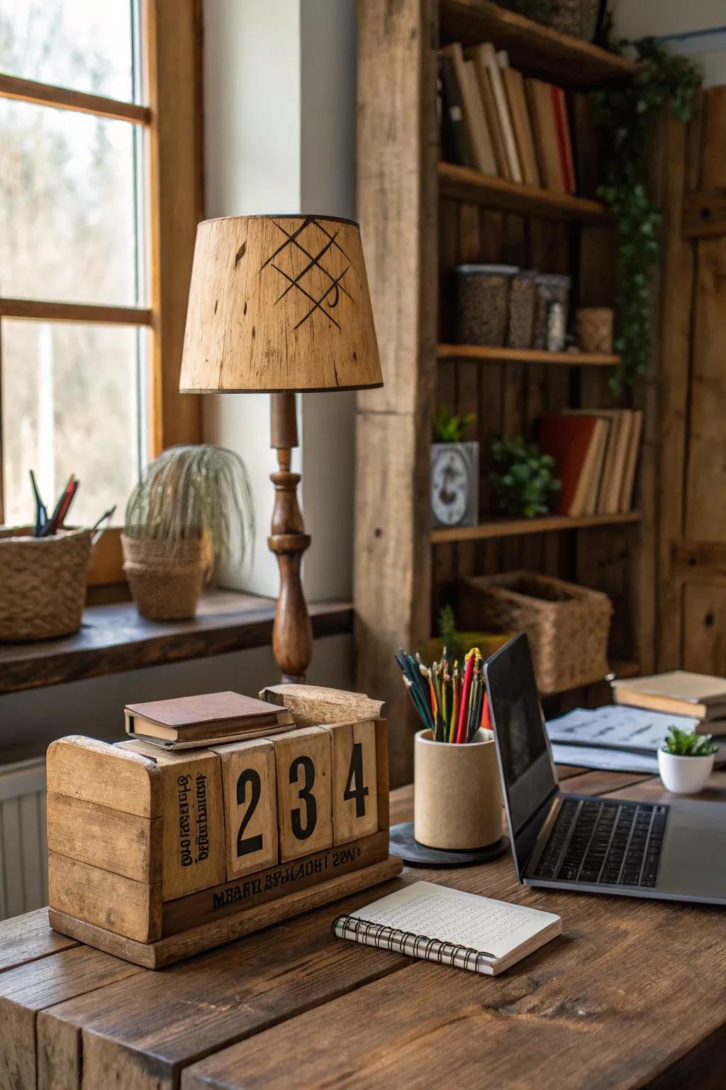 Add a rustic charm with a wooden block calendar.