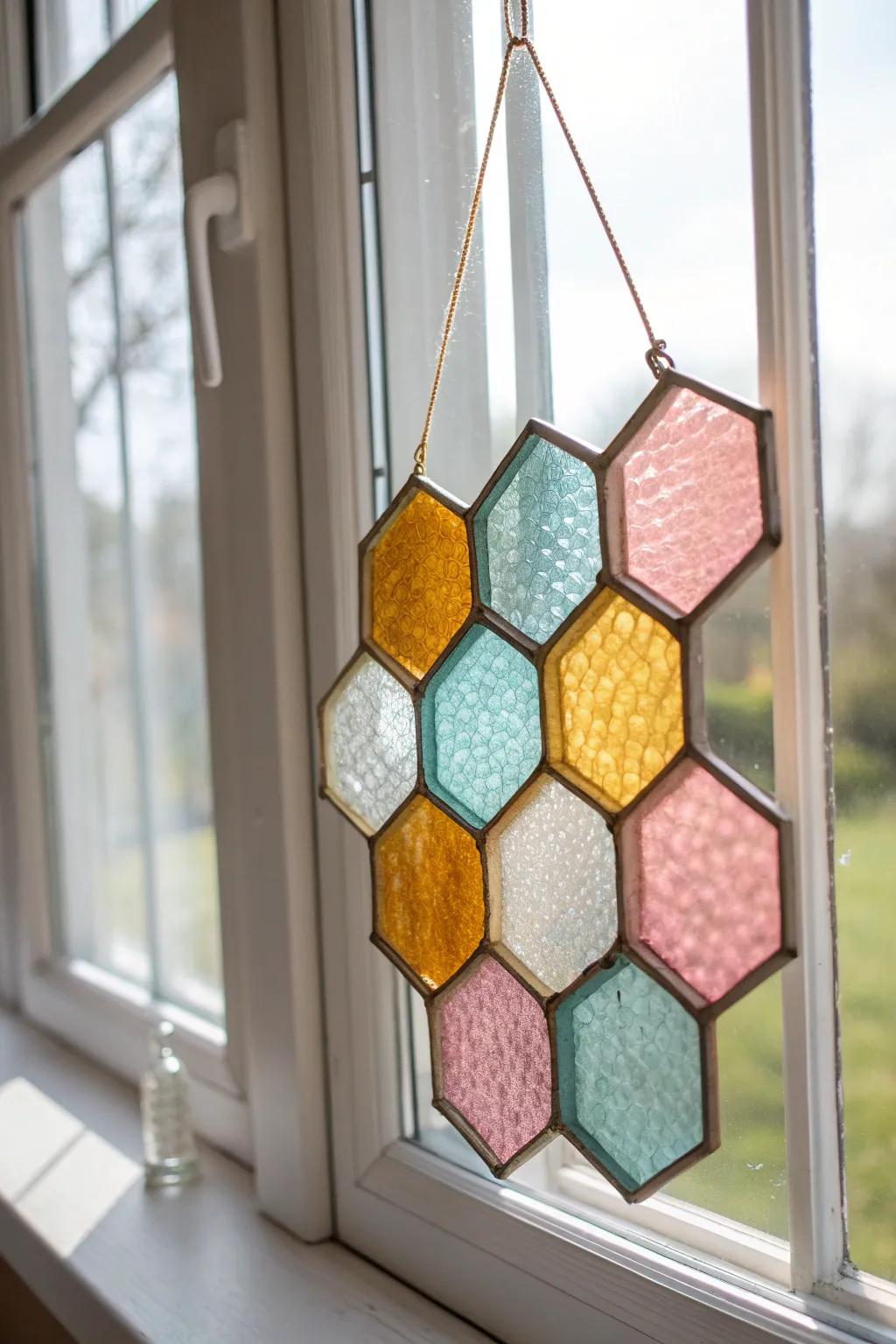 Transform your space with the captivating glow of a stained glass honeycomb sun catcher. Embrace simplicity and natural beauty in bold colors.