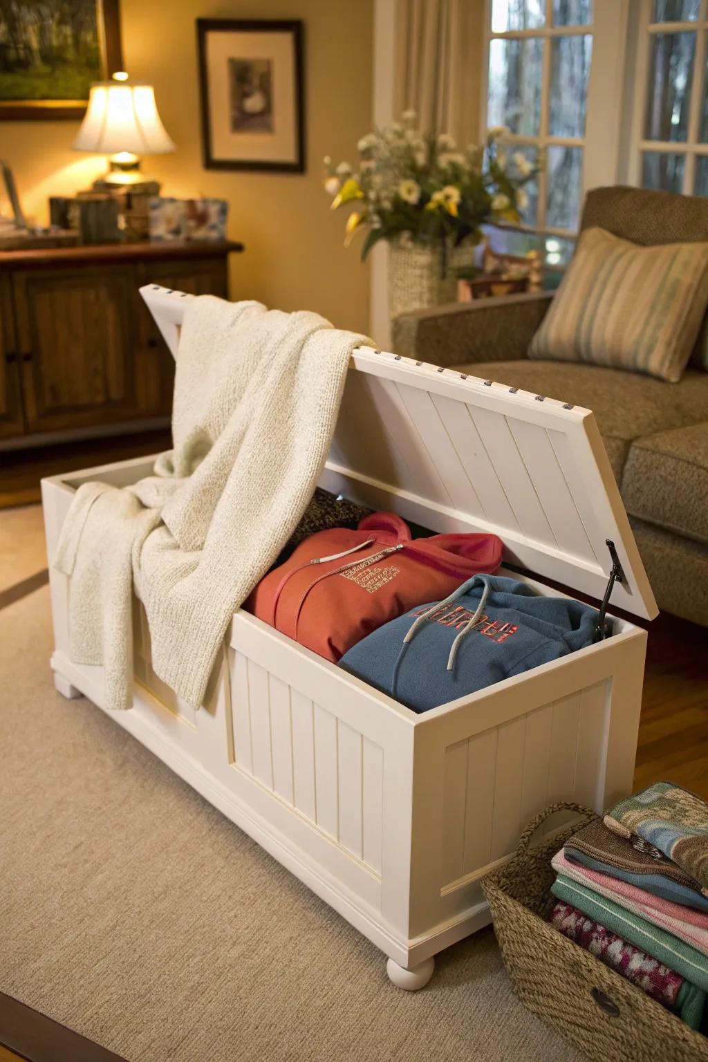 Storage benches offer hidden storage for hoodies while doubling as seating.