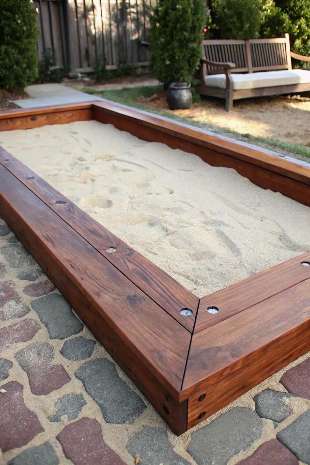 Craftsmanship at its finest: A neatly framed sand pit for the perfect horseshoe game.