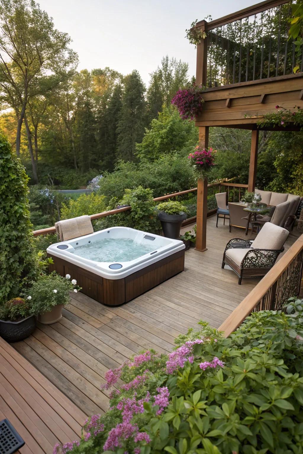 A deck extension elegantly incorporates a hot tub.