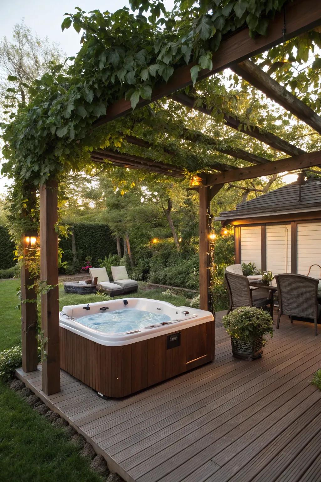 A pergola with climbing vines offers privacy and an intimate atmosphere.