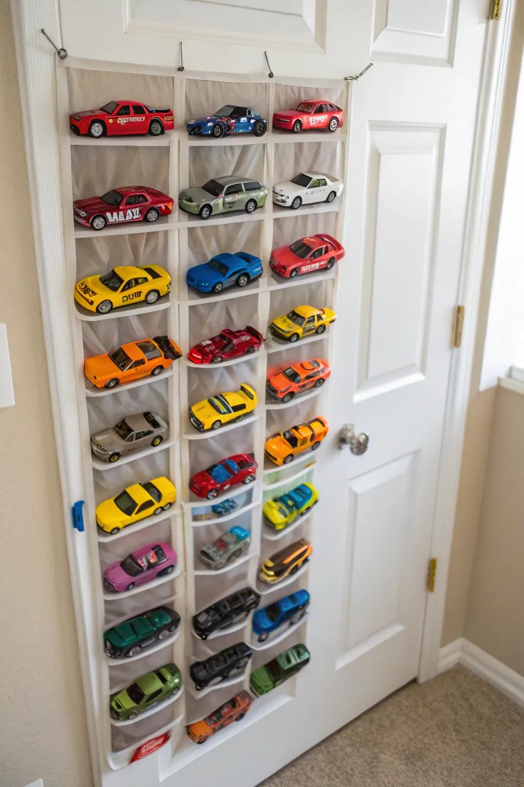 Over-the-door shoe organizers offer space-saving Hot Wheels storage.