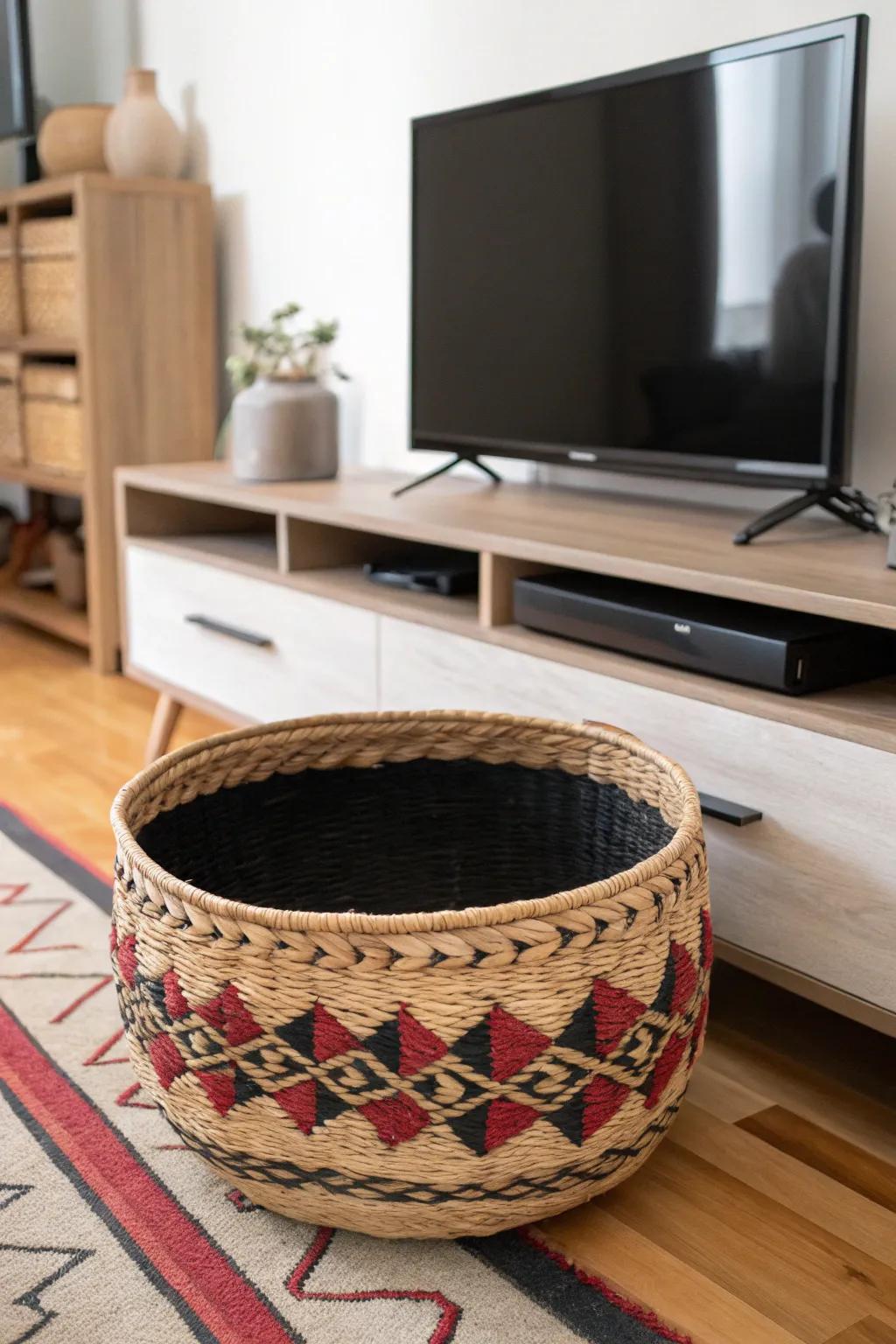 Transform your space with the artful concealment of cables using a rustic woven basket—where functionality meets craftsmanship.