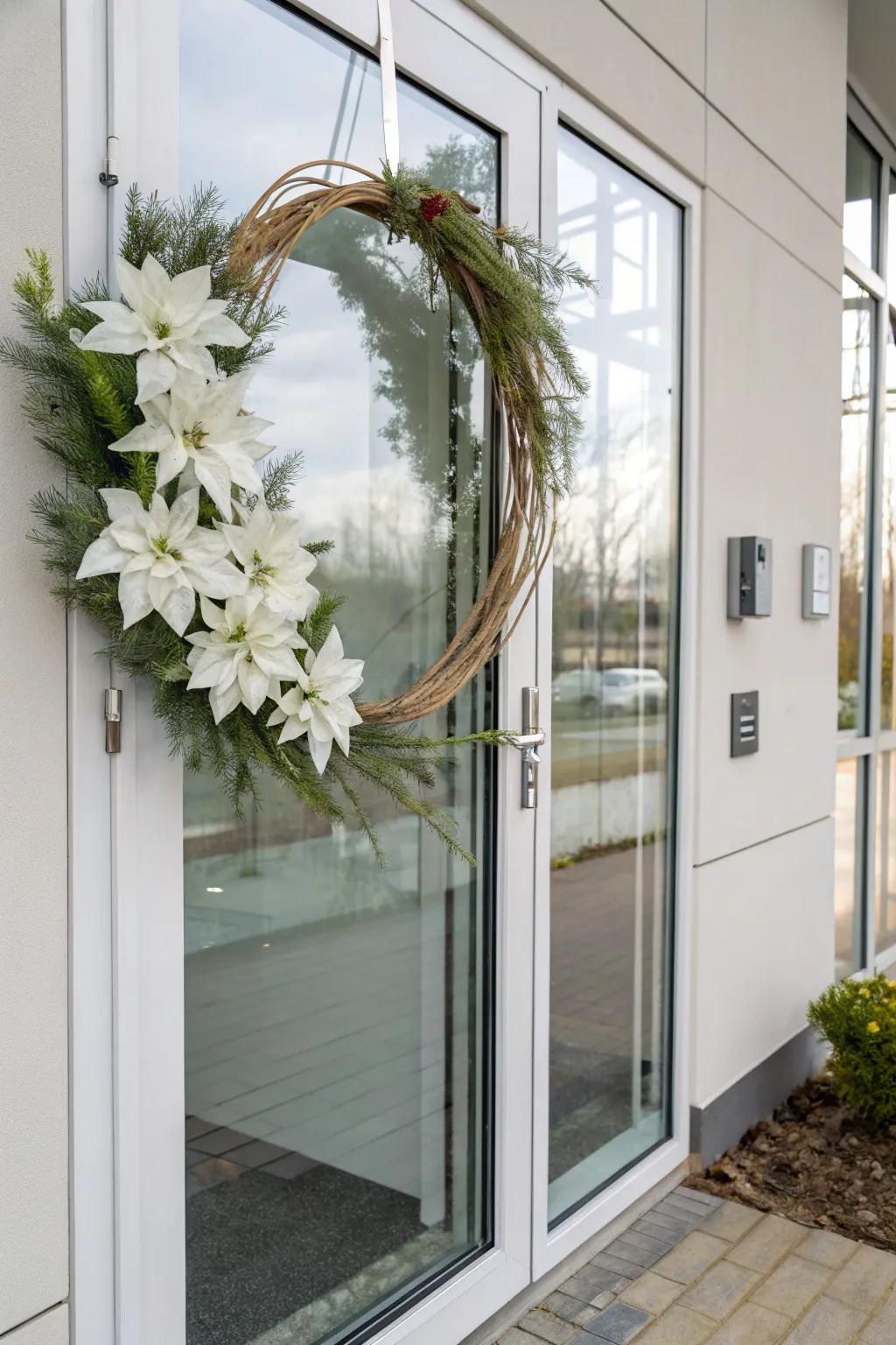 A minimalist white poinsettia wreath on a modern door.