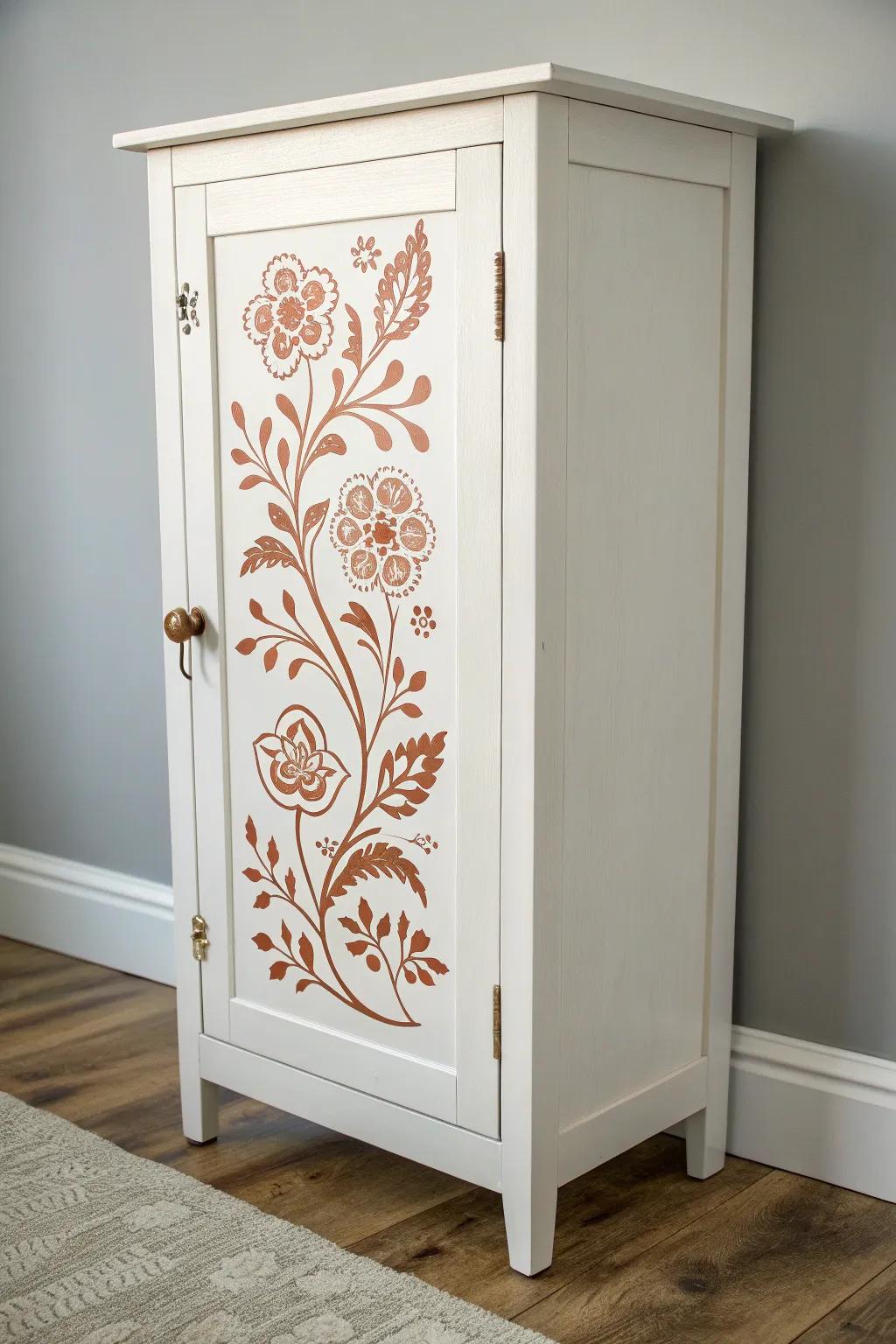 Elevate your bathroom space with delicate floral stencils that add artistic flair to minimalist design.