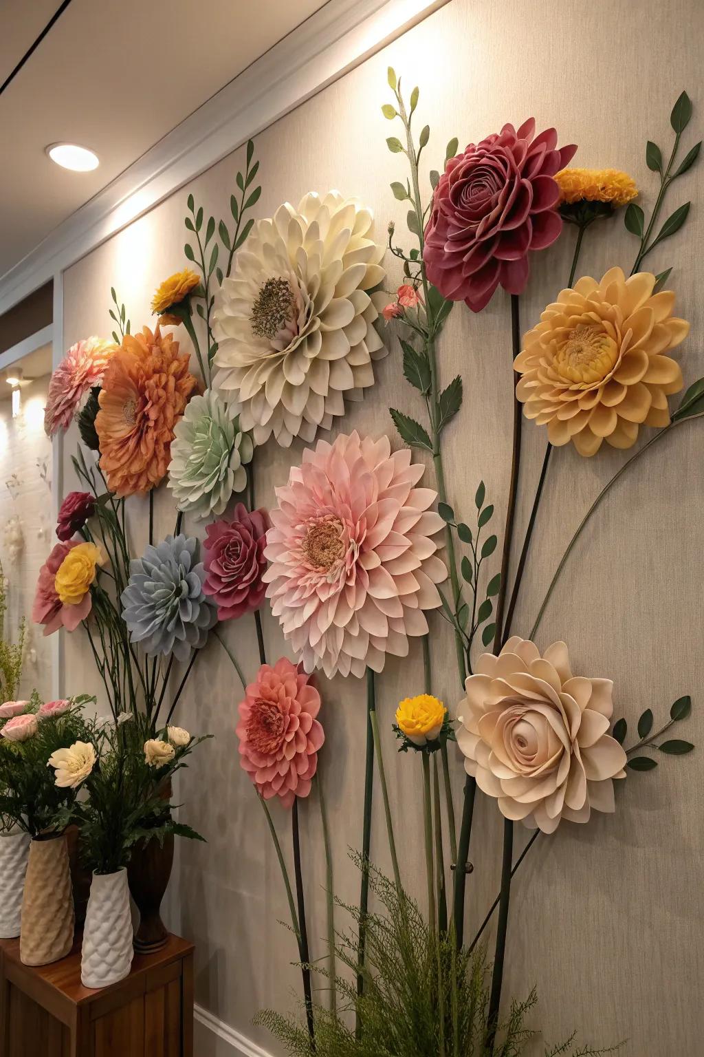 A faux flower wall doubles as storage and stunning decor.