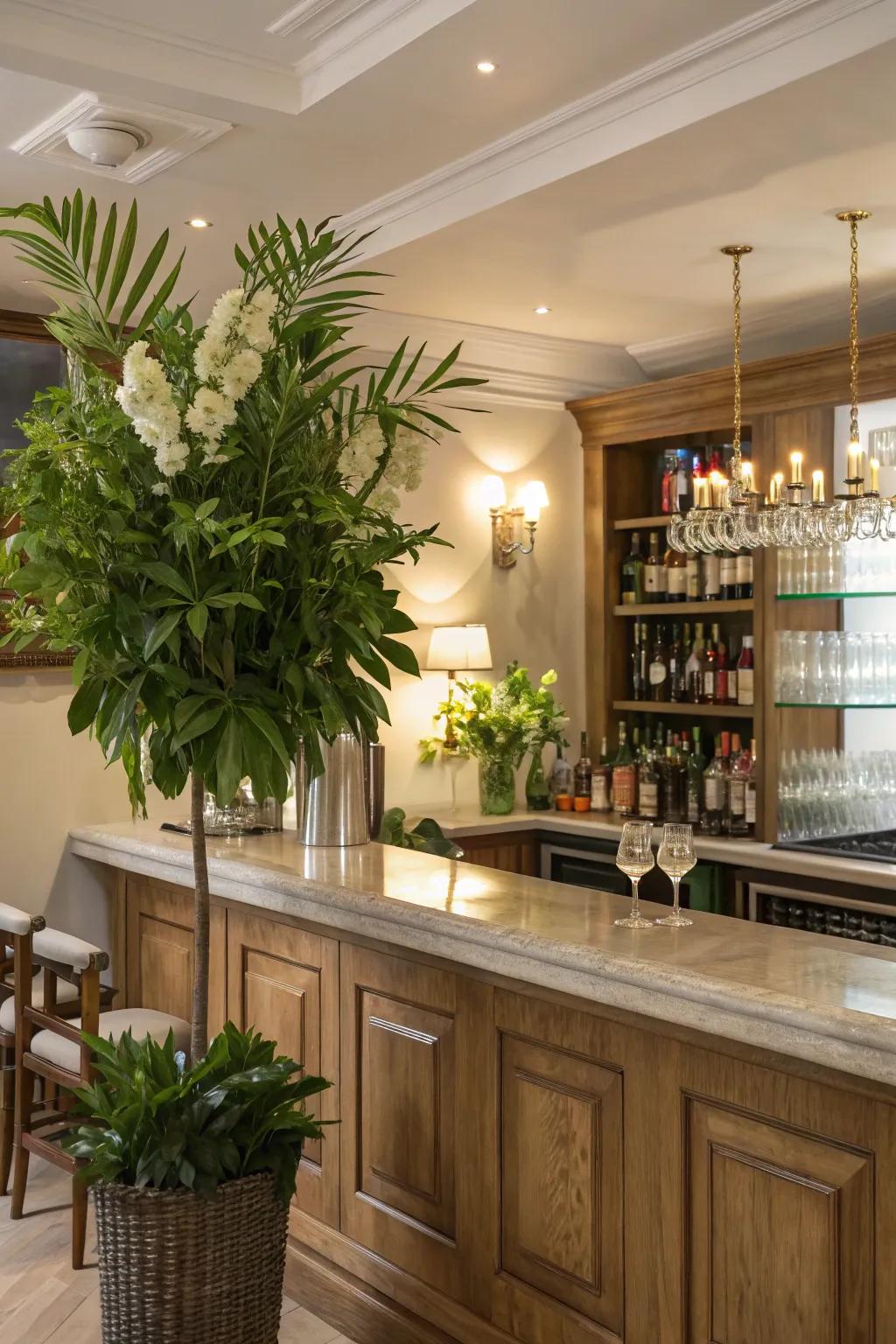 Greenery and flowers add natural warmth to your home bar.