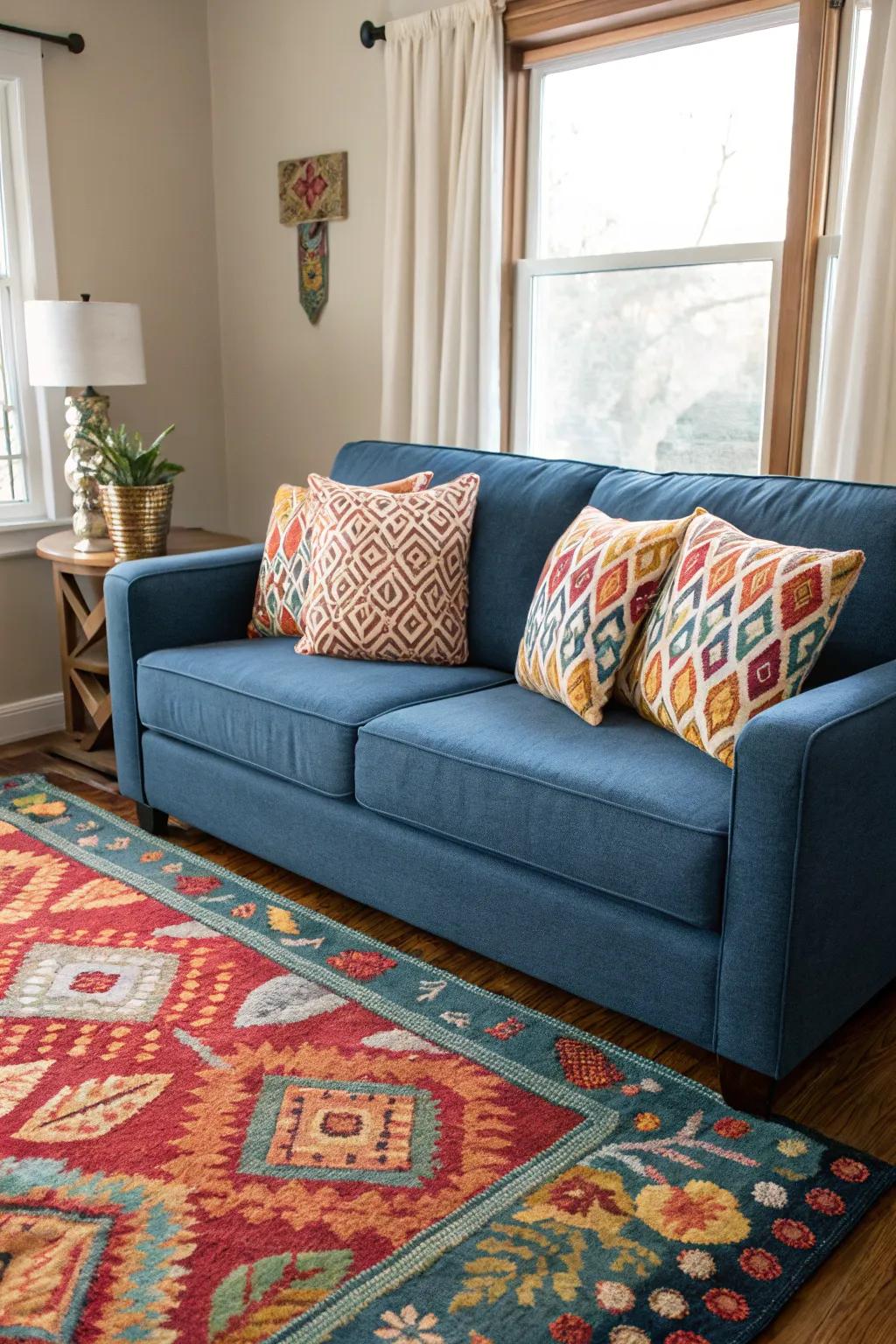 Bold patterns bring character and energy to a blue couch.